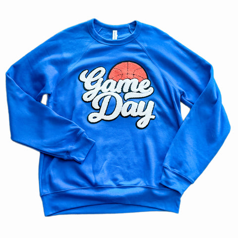 Royal & White Chenille Patch Basketball Game Day Crewneck