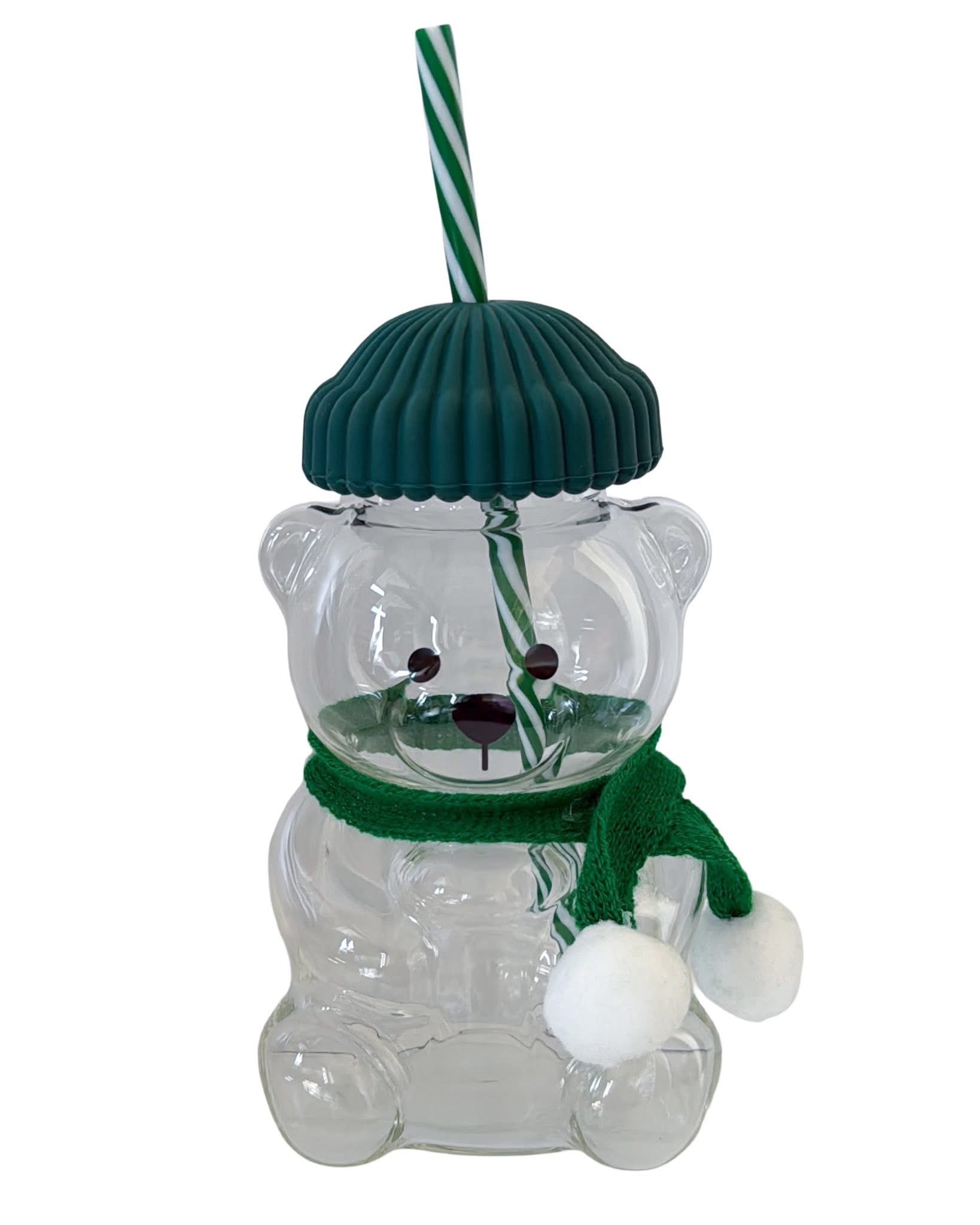 Glass Bear with Straw GREEN