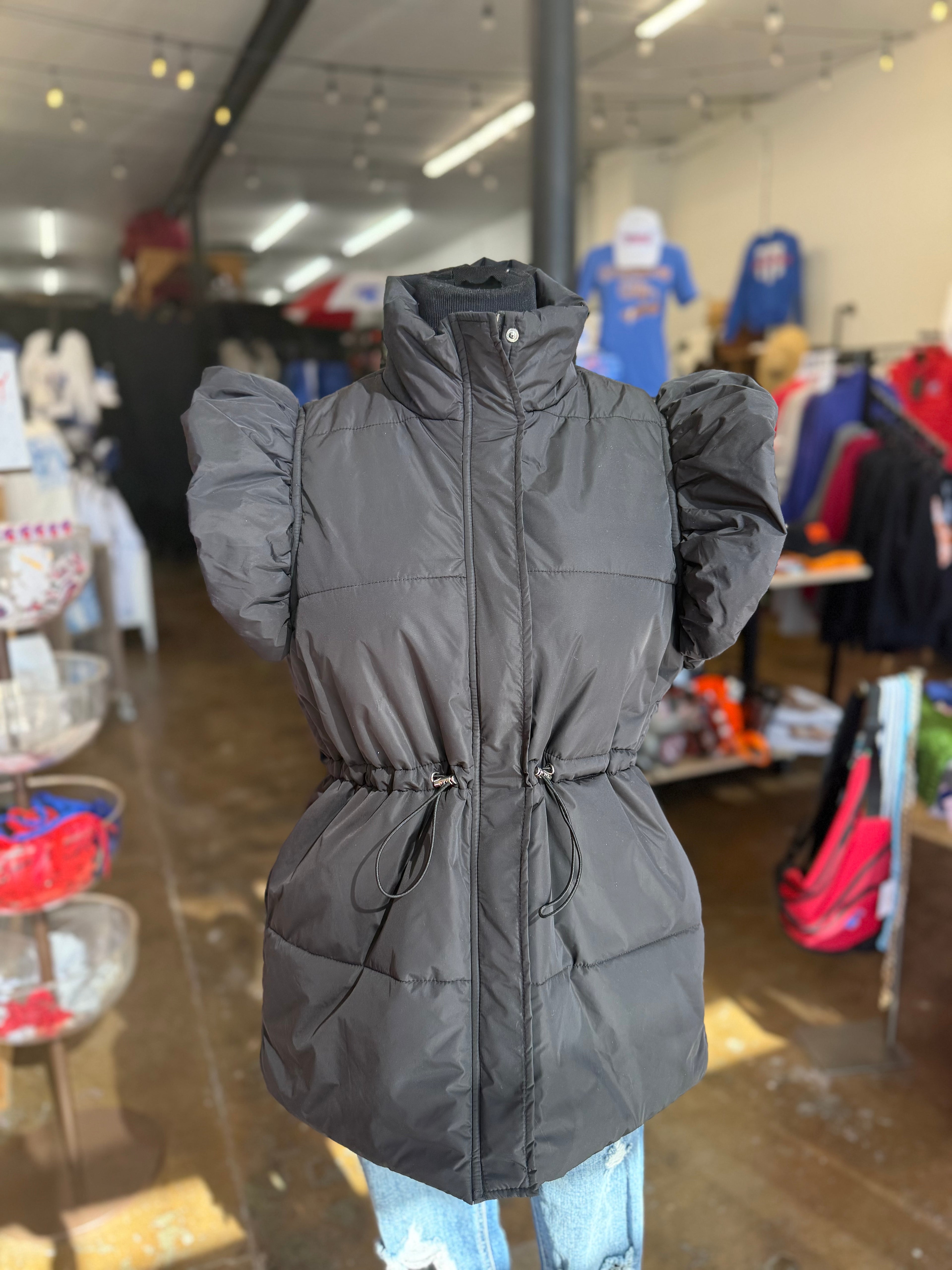 Black Puffer Vest with Ruffle Sleeves & Drawstring