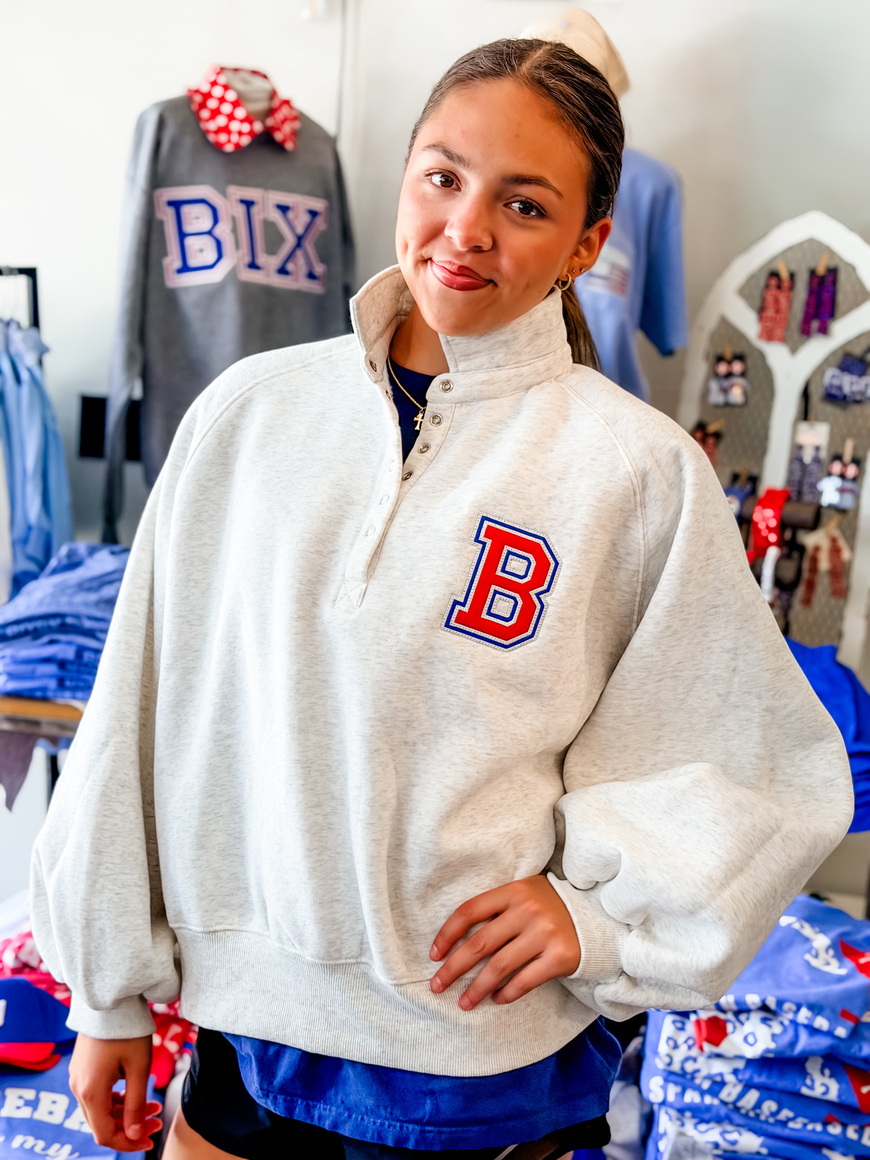 Bixby B Applique Snap Collar Pullover