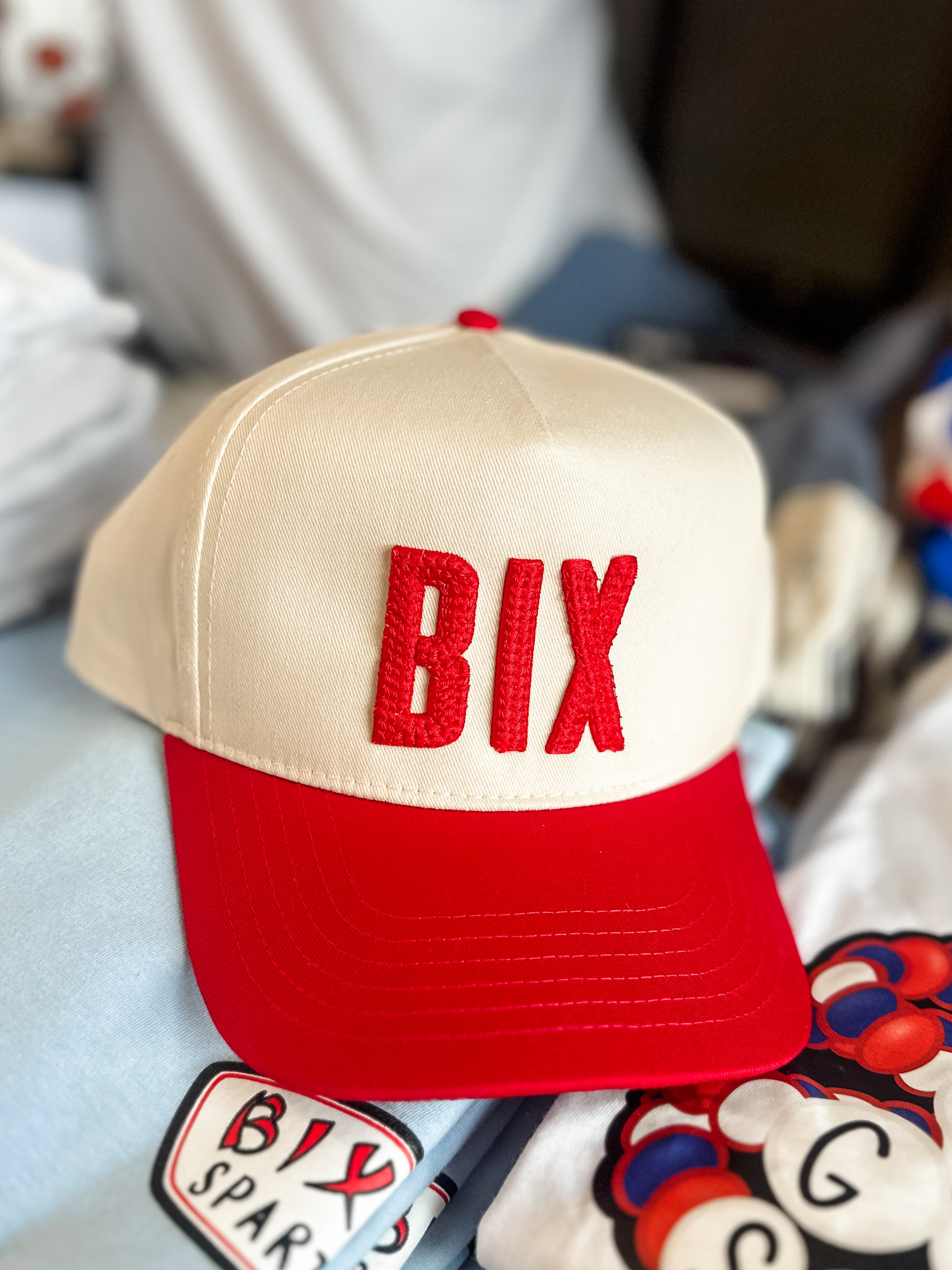 BIX Woven Puff Trucker Hat (Natural/Red)