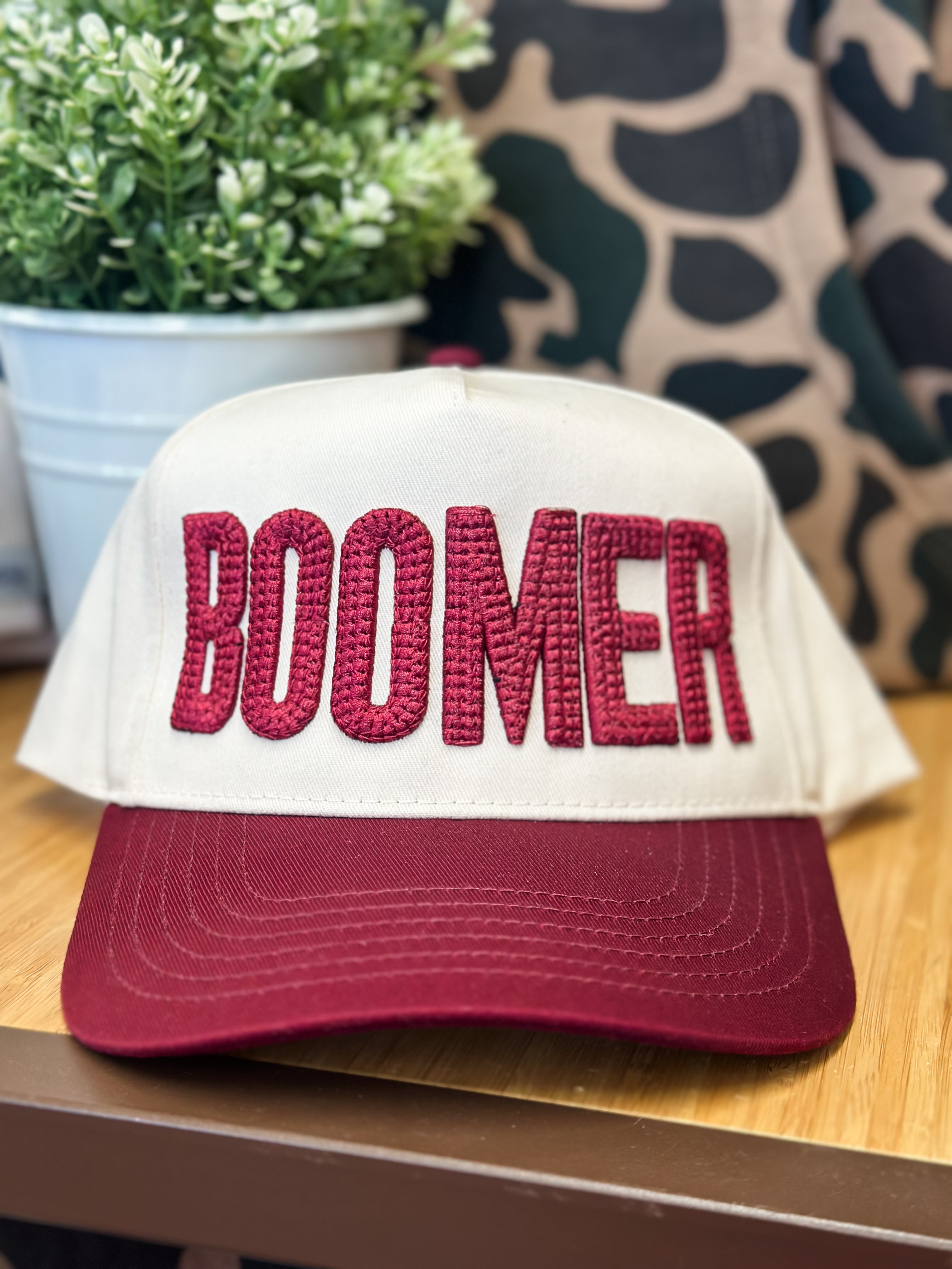 Boomer Woven Puff Trucker Hat (Natural/Crimson)