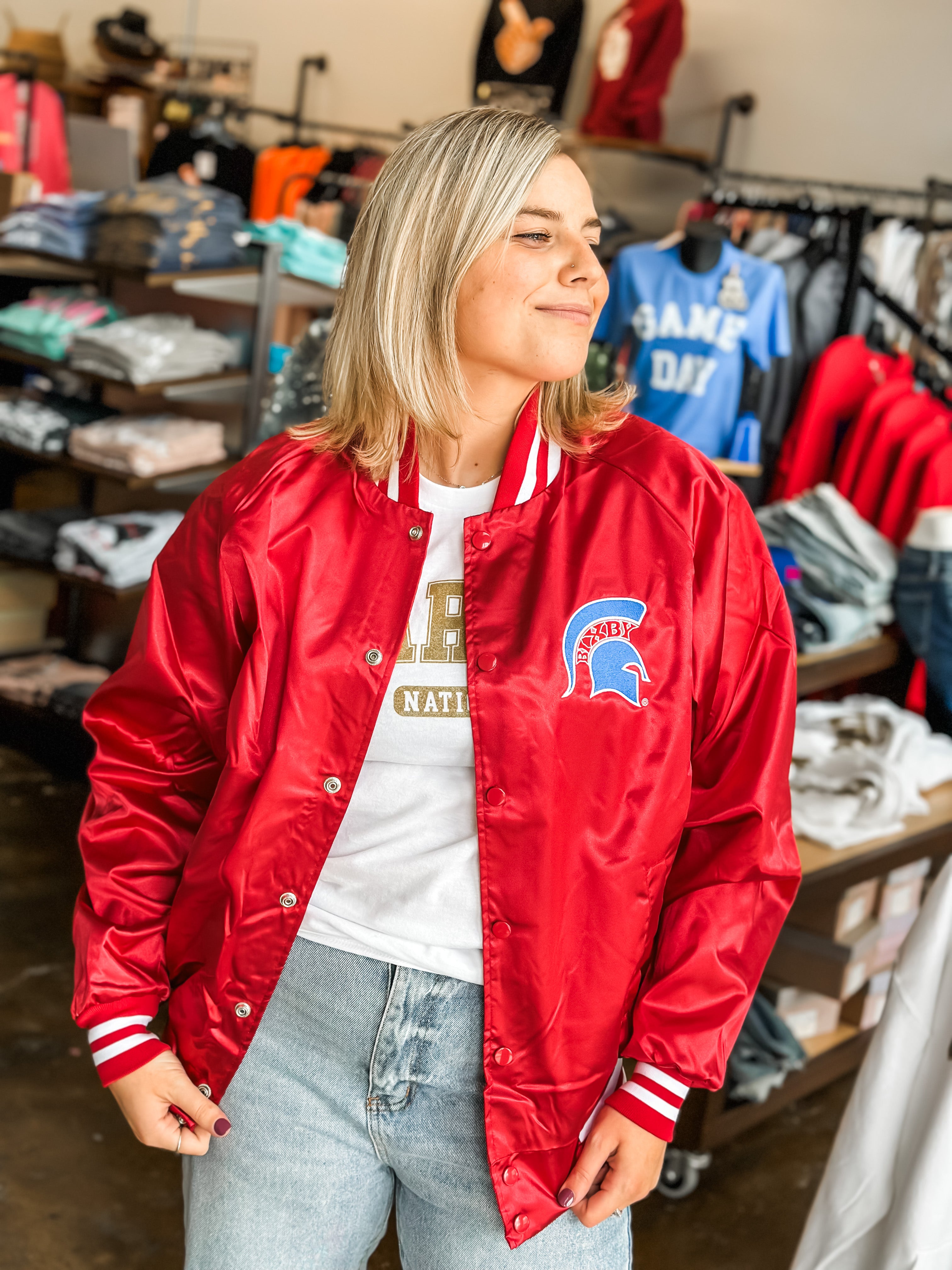 Spartan Satin Baseball Jacket- Red