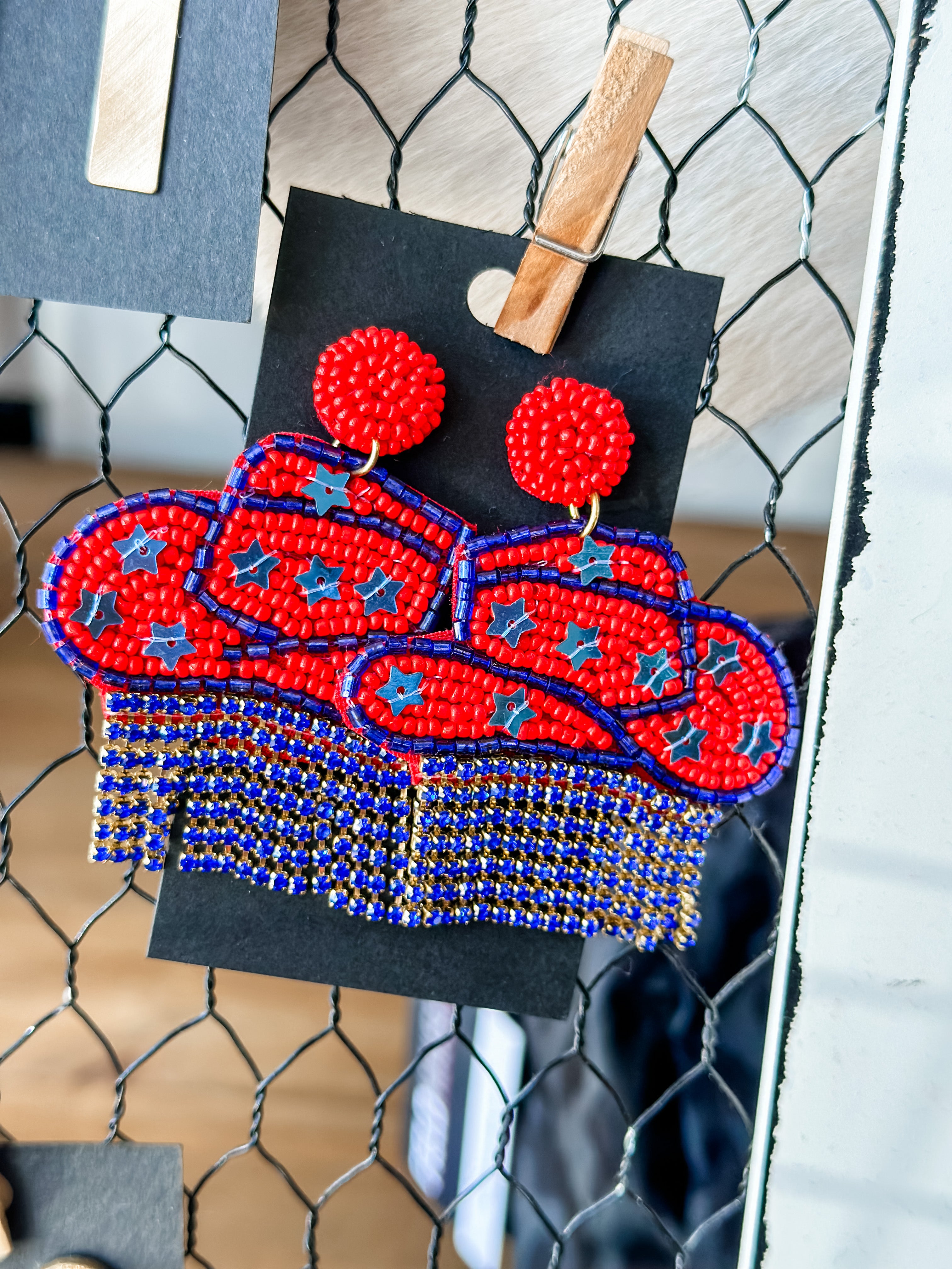 Cowboy Hat Beaded Earrings in Red & Royal