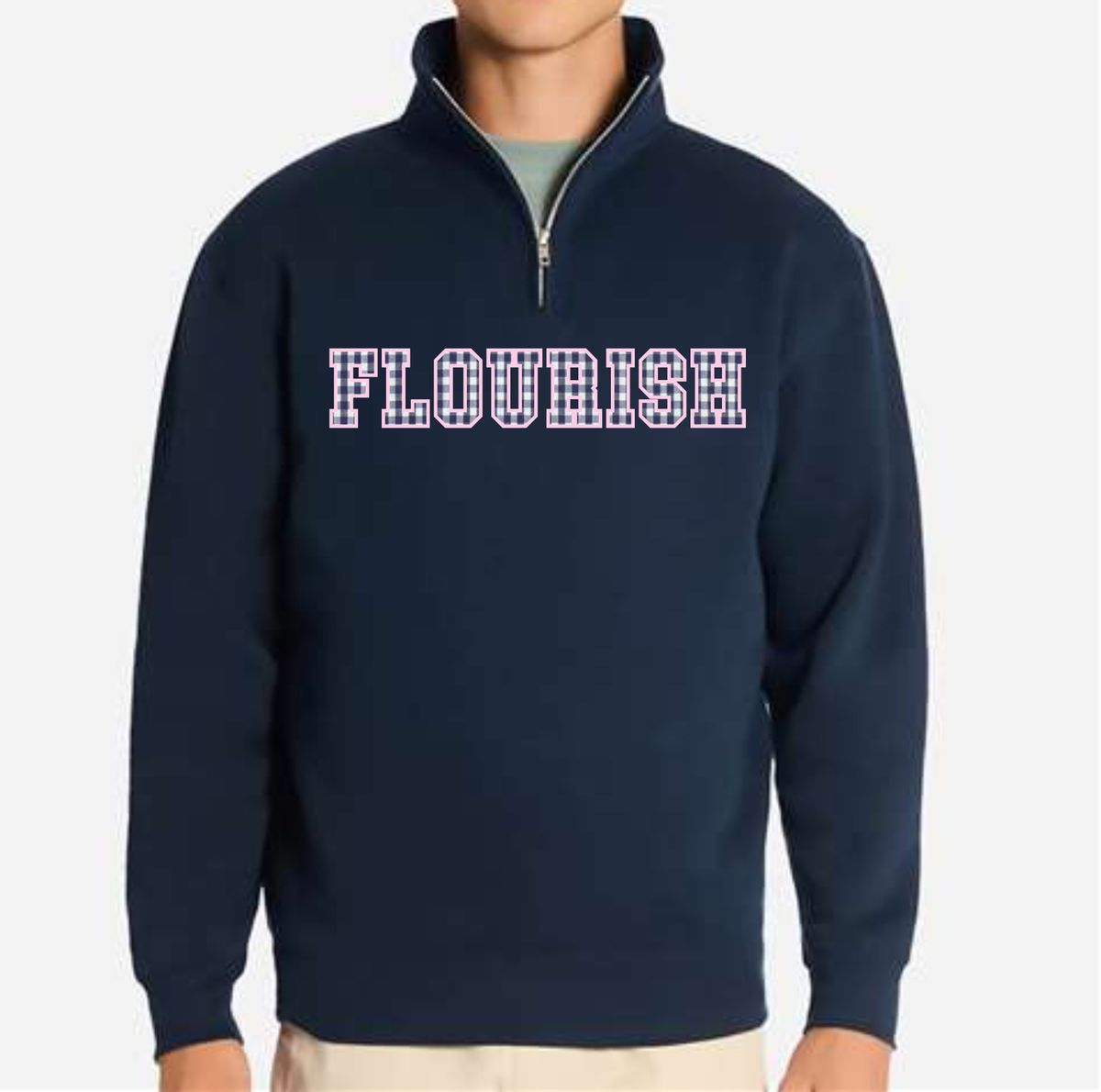 Flourish Navy Gingham Applique Embroidered 1/4 Zip