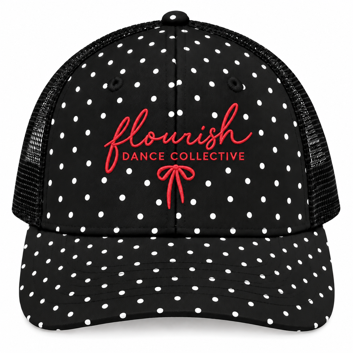 Flourish Embroidered Polka Dot Trucker RED
