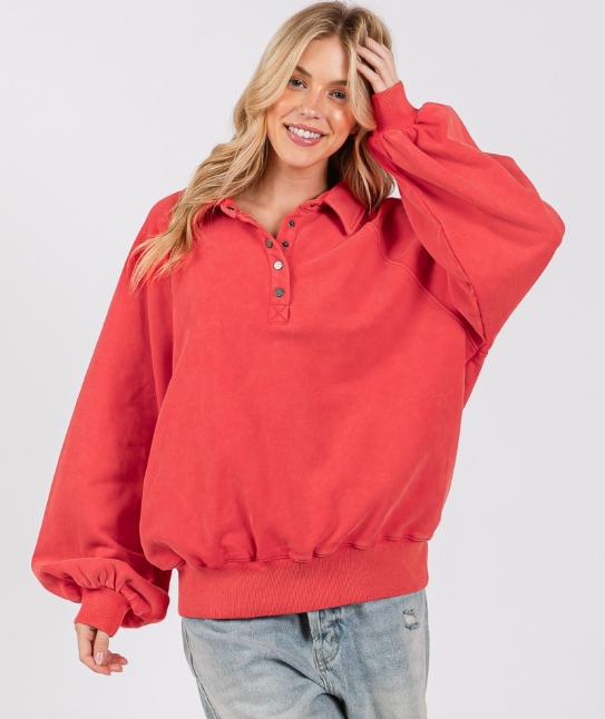 Red Snap Collared Mineral Wash Sweatshirts