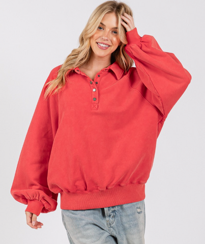 Red Snap Collared Mineral Wash Sweatshirts