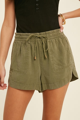 Julie Woven Drawstring Shorts in Olive
