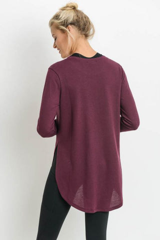 Long Sleeve Flow Top with Side Slits in Burgundy