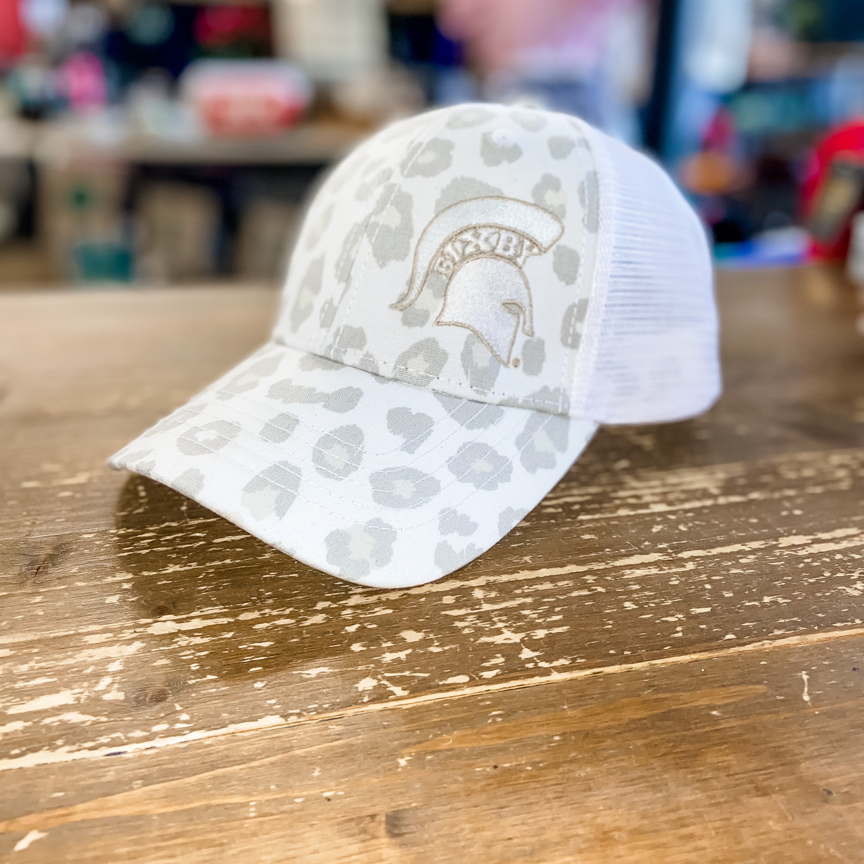 Spartan White Leopard Ponytail Hat