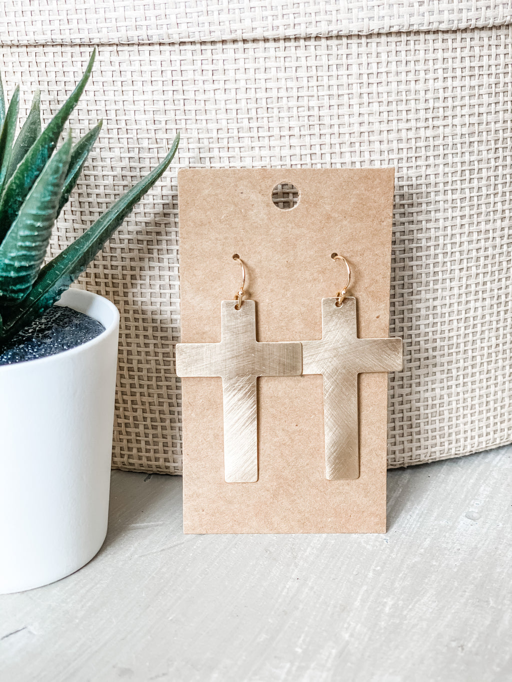 Large Brushed Metal Cross Earrings