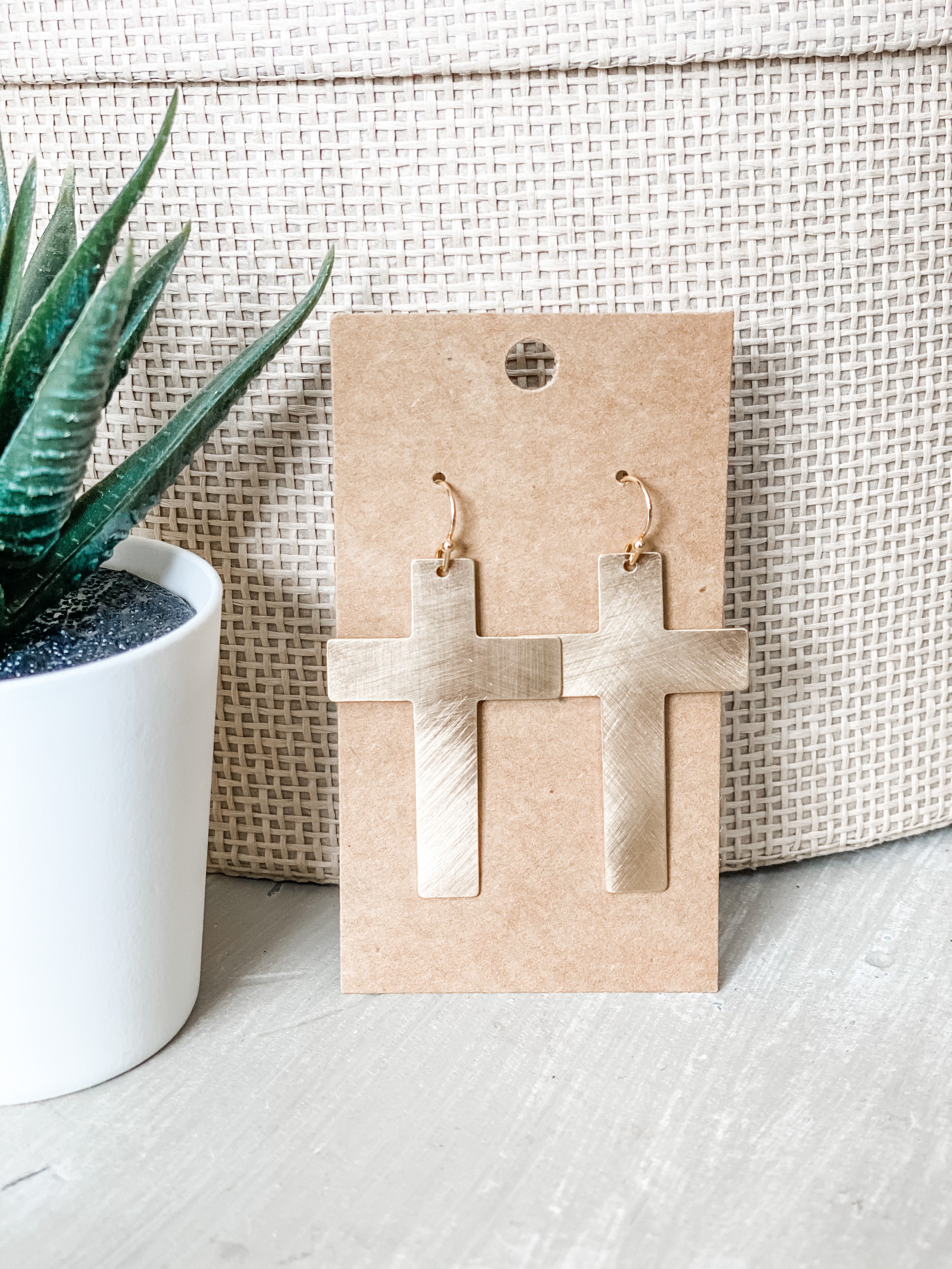 Large Brushed Metal Cross Earrings