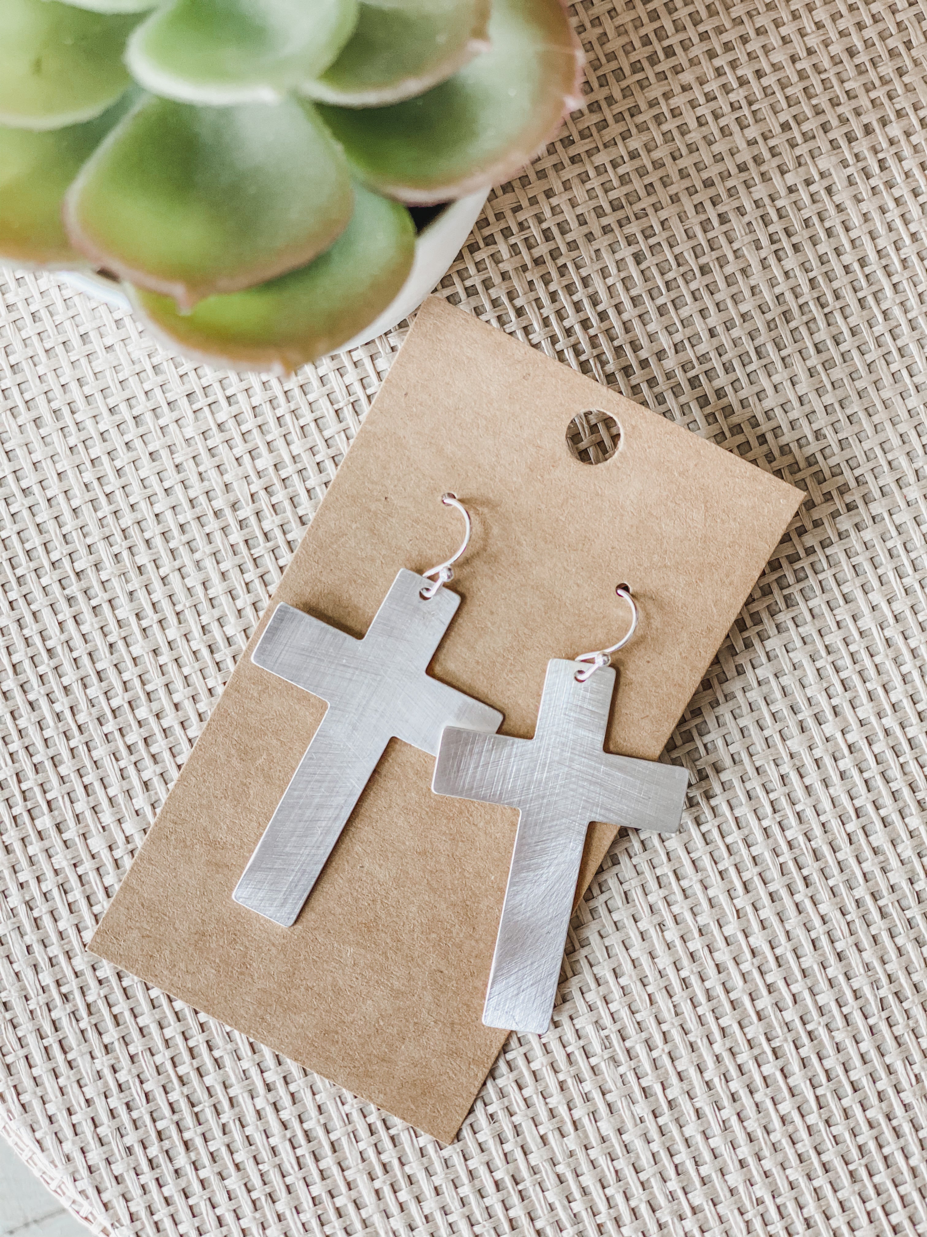 Large Brushed Metal Cross Earrings
